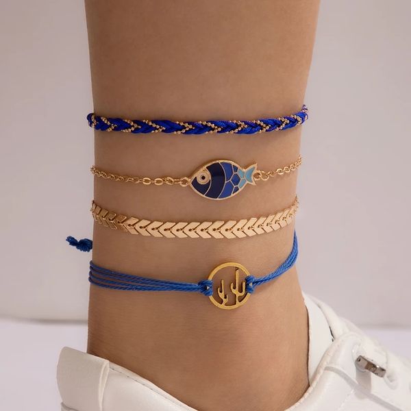 4 pçs / sets bohemian corda azul anklets para mulheres cute peixe oco geometria liga metálica cadeia de pé verão jóias