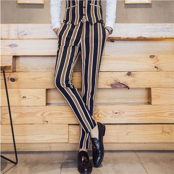 

2021 new suit casual stripes business trousers singer stage performance pants tuxedo men's groom wedding pant zx84, Black