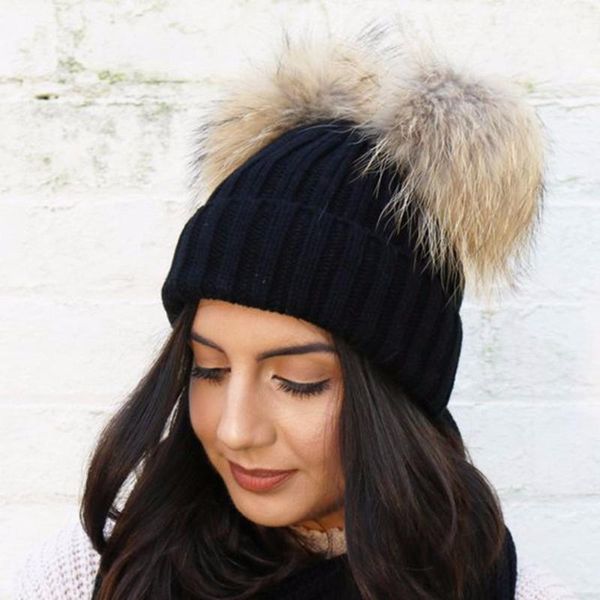 

double fur ball cap pom poms winter warm hat for women girl knitted beanies crochet brand thick female, Blue;gray