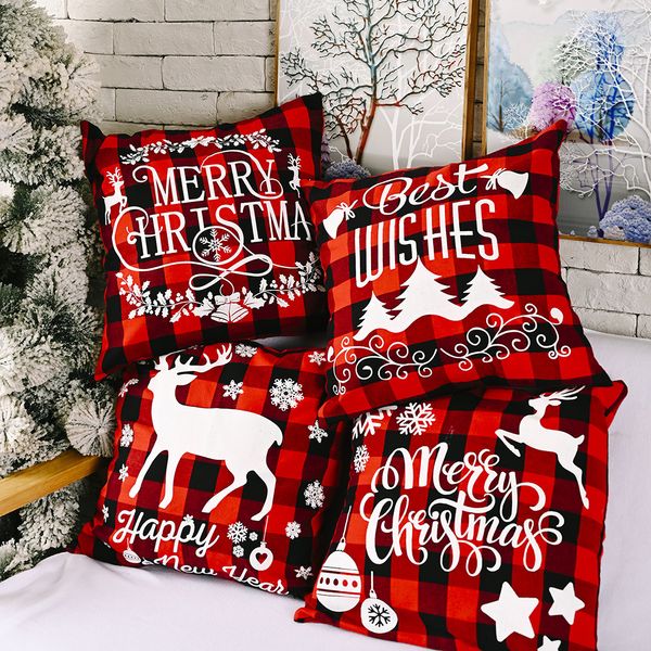 Weihnachtskissenbezug schwarz und roter Büffel-Plaid-Leinen-Kissenbezug für Sofa Couch Weihnachtsdekor 18 Zoll KDJK2108