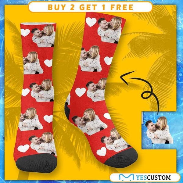 

men's socks m yescustom couple po heart sublimated multi-colored crew novelty unique design print lovers gifts, Black