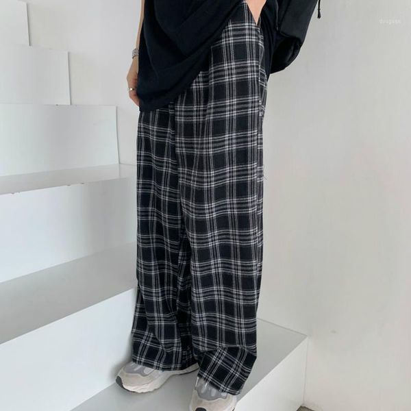 

women's pants & capris plaid women casual chic oversize 3xl loose wide leg trousers ins retro teens harajuku hip-hop all-match street, Black;white
