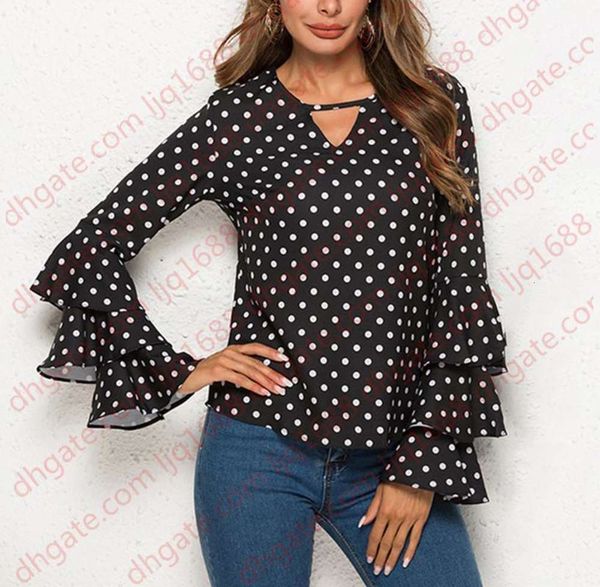 

women blusas polka dot print flare sleeve shirts v-neck long sleeve chiffon blouse korean white black blouse