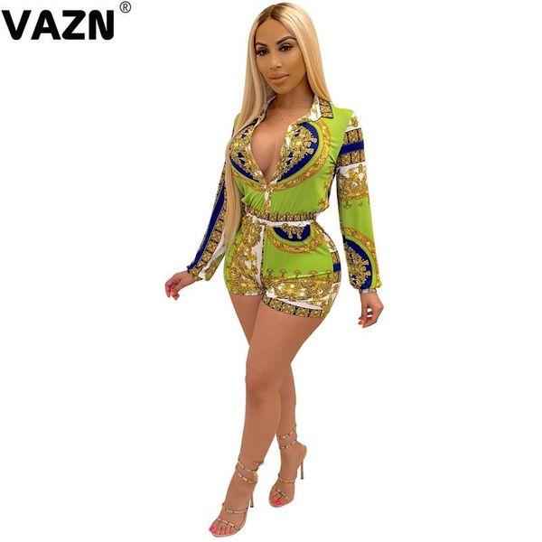 

women's jumpsuits & rompers vazn 2021 spring office party print womens jumpsuit fashion o-neck sort sleeve bandage playsuits, Black;white