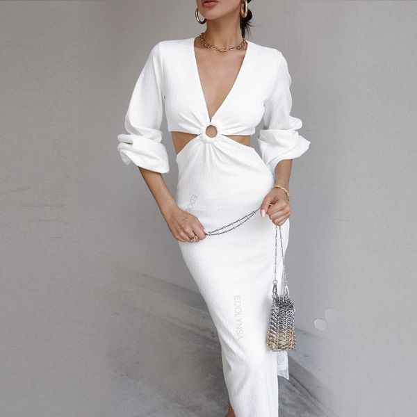 

women's swimwear v-neck backless hollow out dress 2021 autumn women lantern sleeve club party long maxi dresses tunic beach cover up, White;black