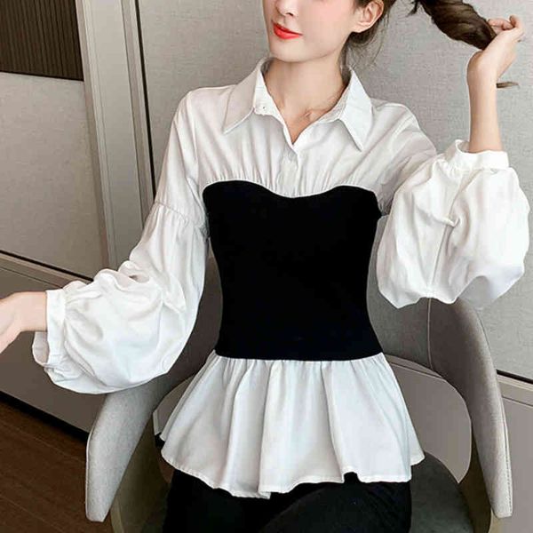 

casual patchwork blouse women turn-down collar slim waist puff sleeve shirt ladies fake two piece outwear fashion, White