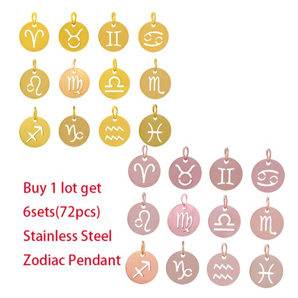 

6sets 72pcs/lot & rose gold zodiac pendant 12mm*17mm diy constellations 6pcs per sign stainless steel charm mixed, Bronze;silver