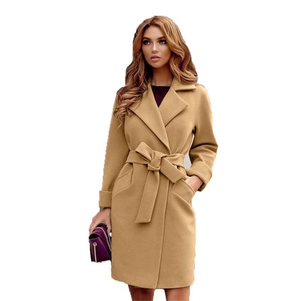 

women's wool & blends 2021 autumn winter woolen coat women khaki gray black lapel temperament slim jacket fashion long female gh847