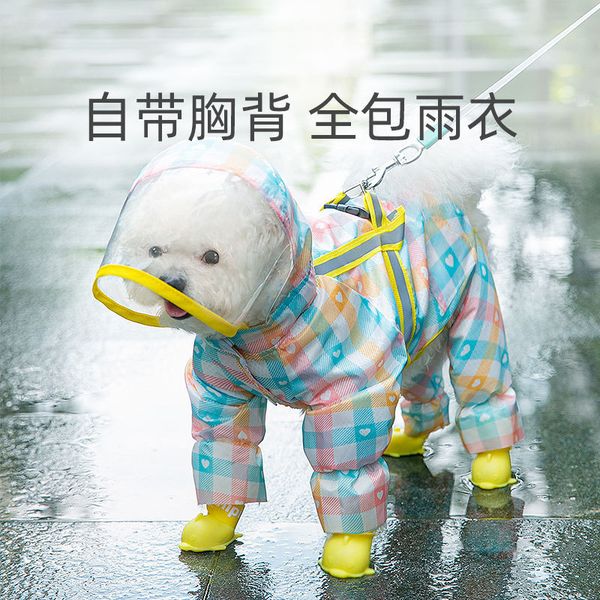 

cute plaid raincoat with traction rope big hat brim pet poncho four legged package small dog reflective cloth
