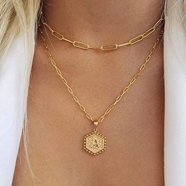 

chains layered letter paperclip necklace for women chain choker initials necklaces couple friends hexagon pendant jewelry gifts, Silver