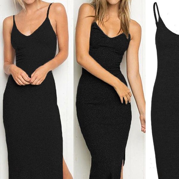 

2021 women summer dress sleeveless strappy tank dress slim rib knit split midi dress summer clothes for women ropa mujer, Black;gray
