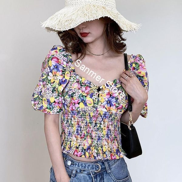 

2021 new primavera vero feminino floral manga curta blusa cintura gola quadrada fresco doce senhora impresso camisas curtas com botes mk4y, Black