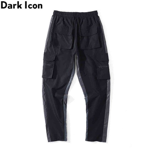 

pockets cargo pants men side reflective patchwork men's pants 210603, Black