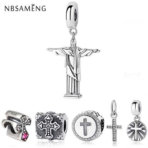 

original 100% 925 sterling silver charm vintage beads rio cristo redentor cross bible fit bracelets diy women jewelry q0531, Black