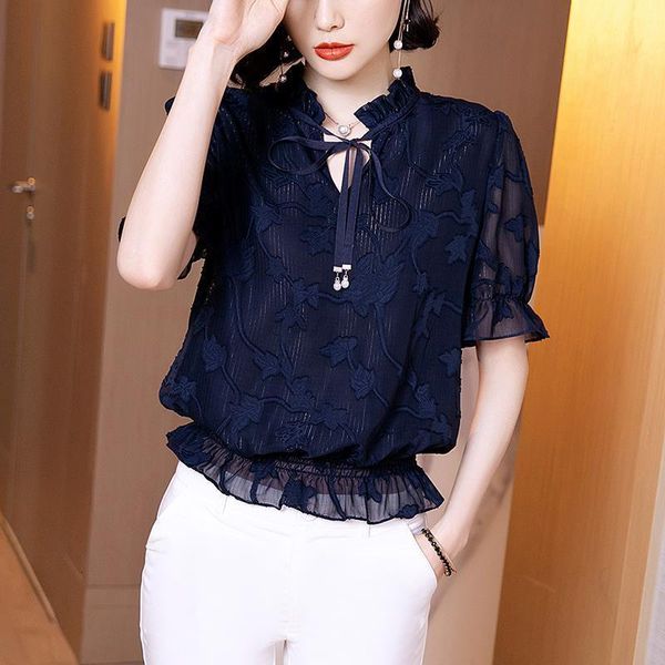 

fashion women spring summer chiffon blouses women casual short sleeve hollow out lace women loose df3592, White