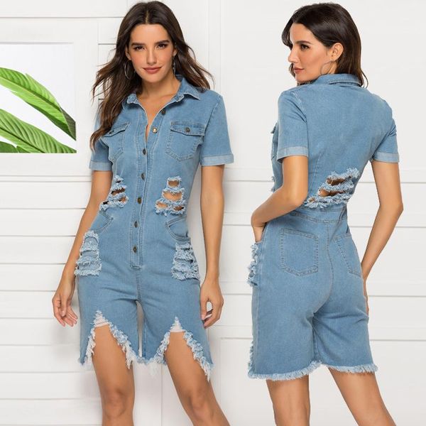 

wsyore plus size playsuit 2021 new summer women fashion casual jeans wash water hole slim denim jumpsuit ns1235, Black;white