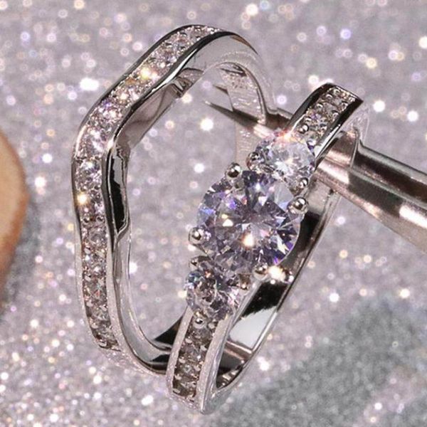 

wedding rings 2 pcs/set luxury couple pair ring 5a zircon female small natural full rhinestone plated silver women vintage jewelry gift, Slivery;golden