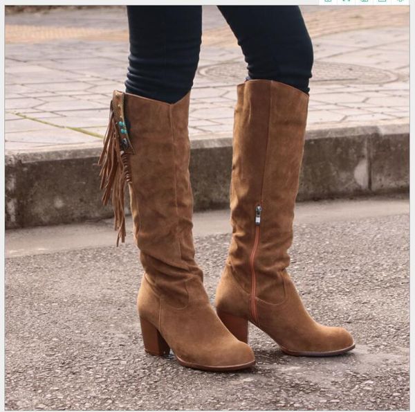 

boots fashion women shoes knee-high classic brown high heels tassels cowboy long autumn female large size, Black