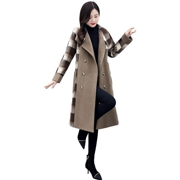 

women's wool & blends woolen coat women 's spring and autumn korean style lapel long-sleeved cardigan plaid, Black
