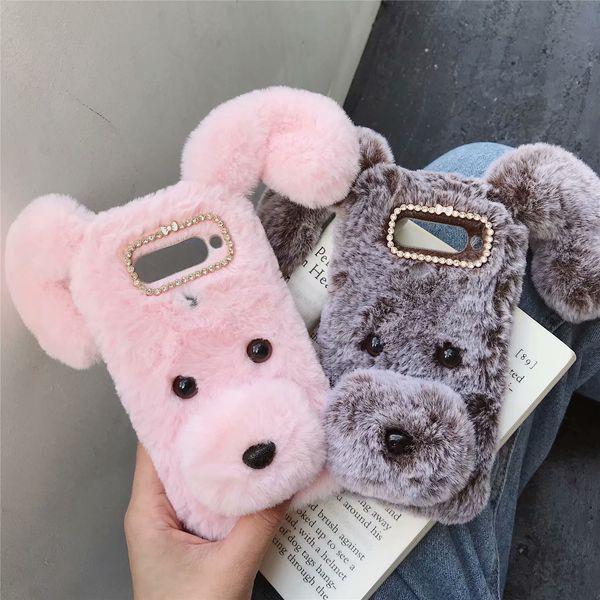 

for lg v50 stylo 5 samsung note 10 pro s10 s9 m10 m20 a10 a9 a70 a60 3d lucky dog hair soft tpu case ear bling diamond nose fluffy fur cover