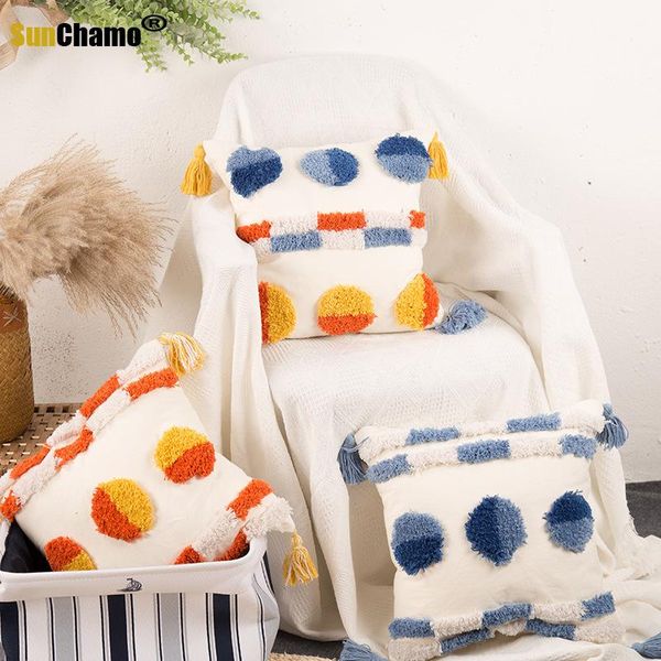 

cushion/decorative pillow yellow orange tassels handmade embroidery cushion cover 45x45cm/30x50cm dot circle homedecor pillowcase sham