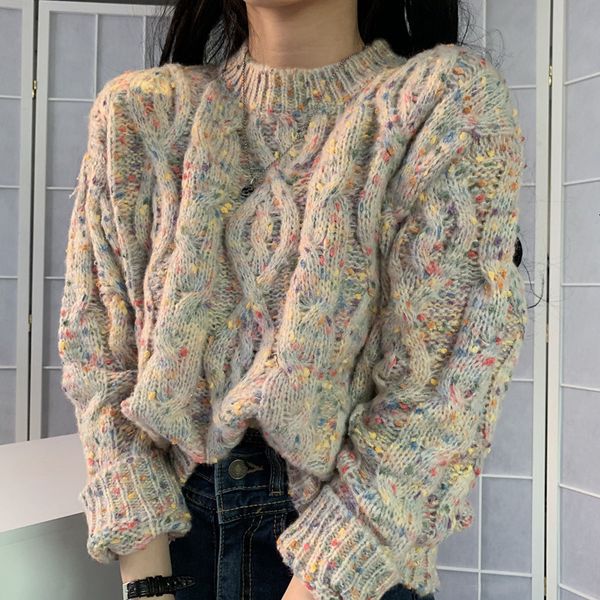 

2021 new autumn retro candy color spotted thick needle loose warm knitted long-sleeved round neck sweater women jw0k, White;black