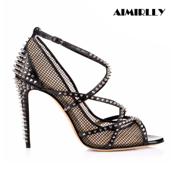 

sandals summer womens peep toe high heels shoes fishnet spikes studded stilettos buckle straps black nude ladies party