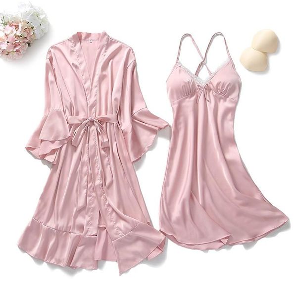 

women's sleepwear satin 2pcs twinset robe set women kimono bathrobe gown hollow out bride bridesmaid nightgown lace negligee, Black;red