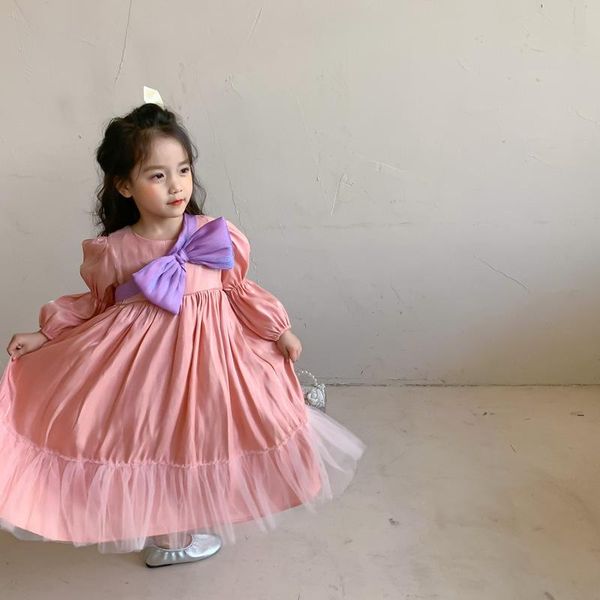 

2021 spring new children's clothing baby girl solid color long-sleeved dress korean big bow princess dress, Red;yellow