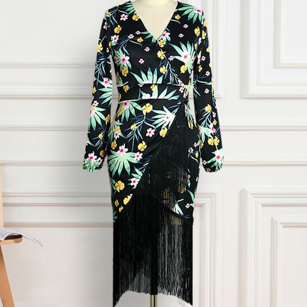 

Bohemian Flower Print Tassel Dress Holiday Woman Elegant V Neck Long Sleeve Evening Dress Tide Kimono Dress Robe De Soire 2021, Picture color