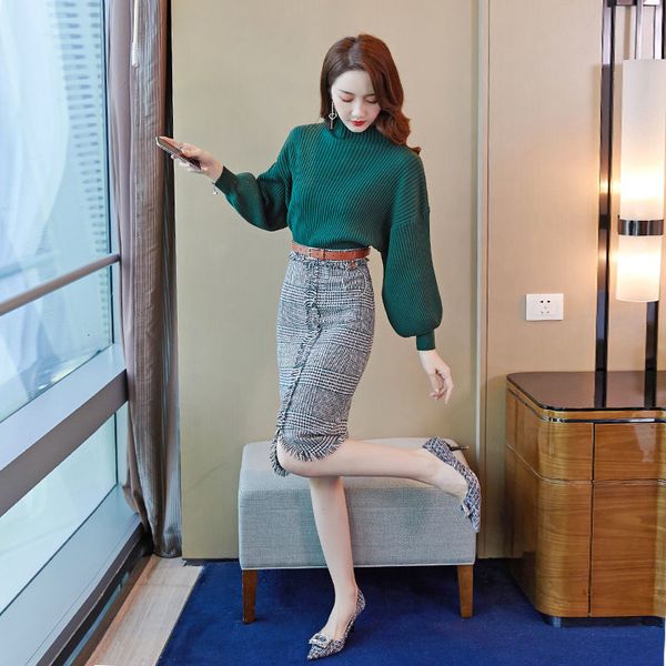 

new women 2021 spring autumn sweater two piece female long sleeve knitted + plaid skirt suit set office lady sets a635rioh, Black;gray