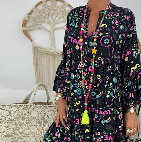 

womens dresses ladies plus size loose print long sleeve v collar button mini dress see through dress summer dress robe de, Black;gray