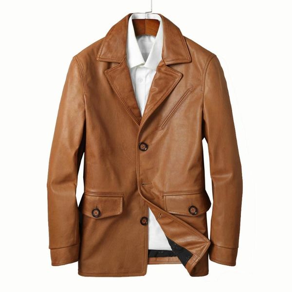 

men's leather & faux 2021 formal genuine cow skin jackets brown yellow color men slim autumn natural clothing, Black