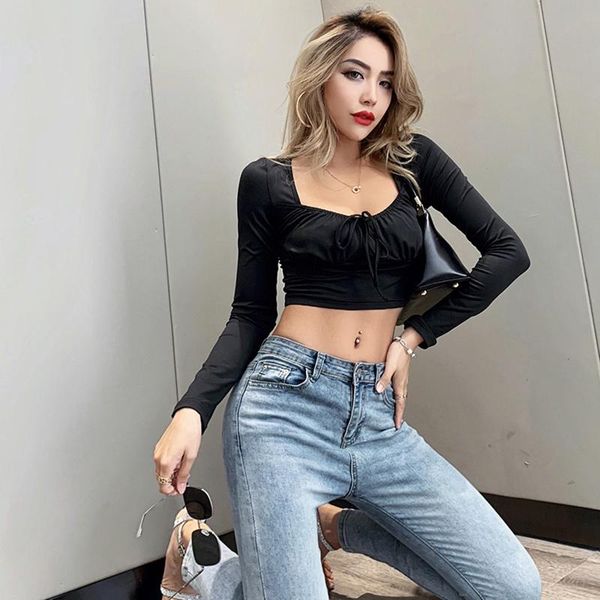 

women's t-shirt long sleeve square neck bow knot tie women backless u-neck solid color fresh sweet girls folds fashion shirt, White