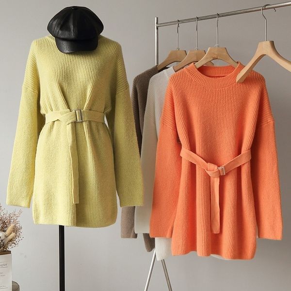 

2021 solid bat sleeved oversized sweater with belt women loose bf girls warm winter long sleeve new korean fashion ke61, White;black