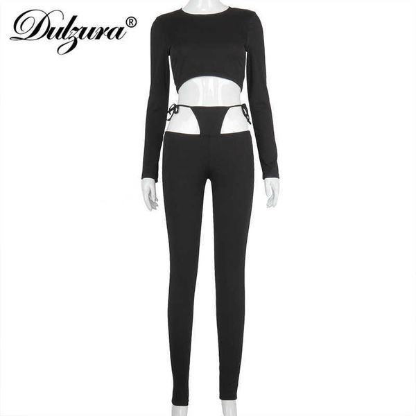

ribbed women 2 set long sleeve crop hollow out high waist pants lace up bandage streetwear 2021 autumn winter, Black;white
