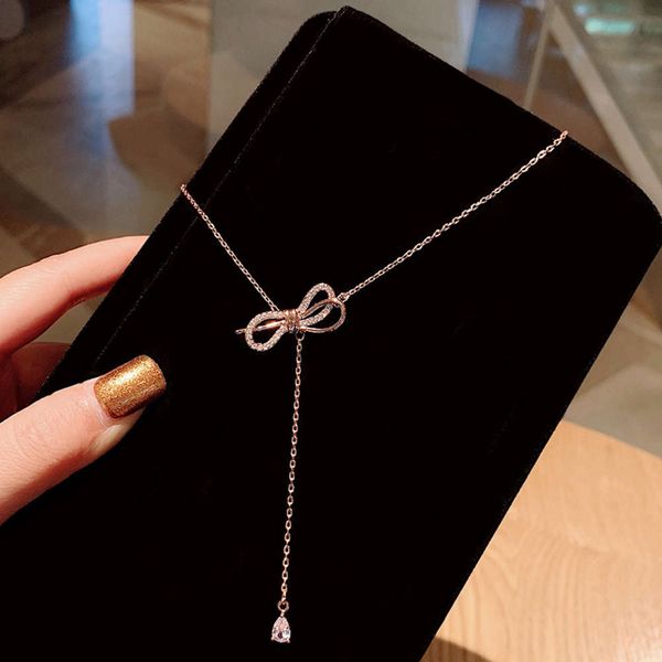 

net red bow necklace women fashion neck rose gold minority design clavicle chain cool wind simple temperament neckwear, Silver