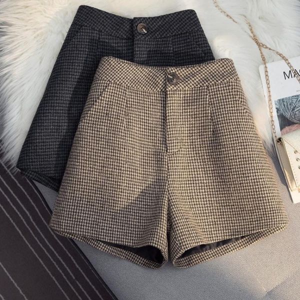 

women's shorts warm tweed houndstooth plaid woolen boots women 2021 elegant office ladies short pants winter autumn thick, White;black