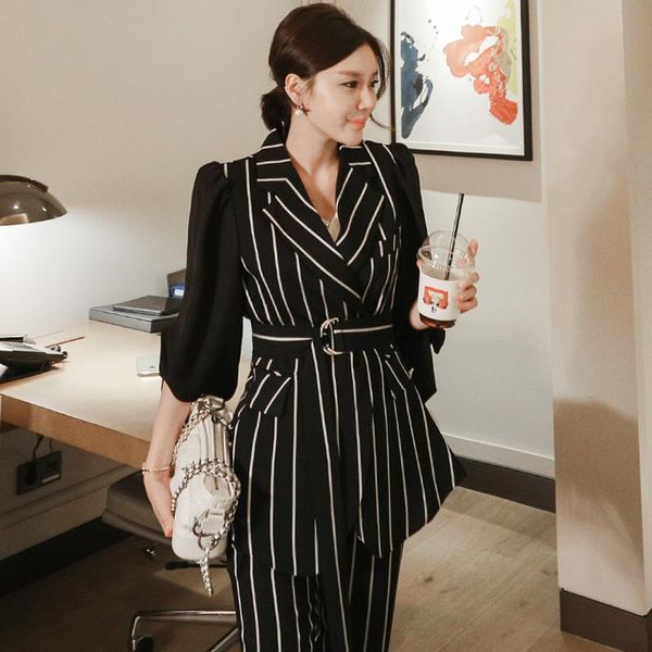 

striped pant suit set women two piece puff sleeve blazer pants female fashion outfit office lady work wear suit, White