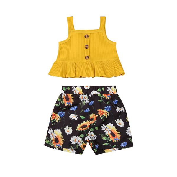 

summer girls set solid color square collar sleeveless + flower print shorts for girls clothing outfit 2 pieces kids suit, White