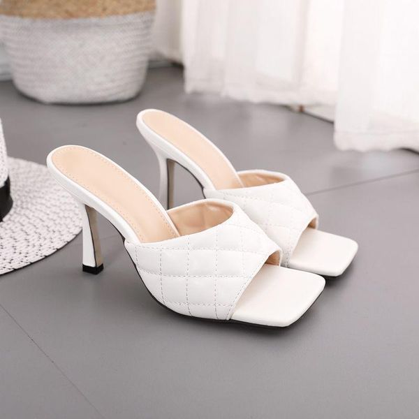 

dress shoes 2021 pu diamond square head peep toe thin high heels slippers summer fashion slip on slides women mules party, Black