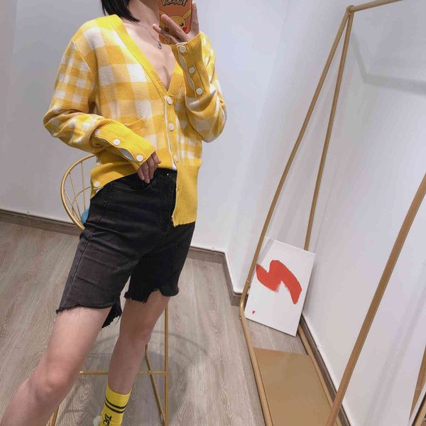 

tb 8522 stylish plaid knit cardigan women's ins loose v-neck sweater, White