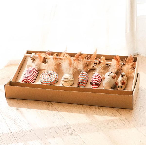 

cat toys 7pcs/lot pet wooden toy feather sisal ball teaser rod wood with small bell