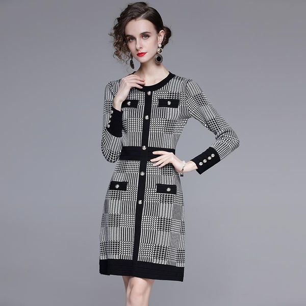 

casual dresses arrivals autumn winter hit color houndstooth knit sweater women clothing vintage robe femme black vestidos, Black;gray