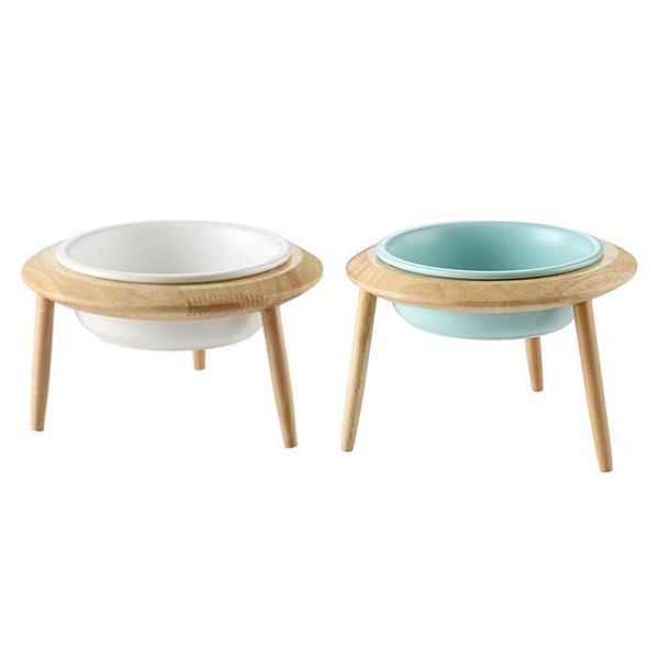 

cat bowls & feeders 2 pcs ceramic wooden bowl for cats, high flying saucer, bowl, adjustable elevated pet blue white