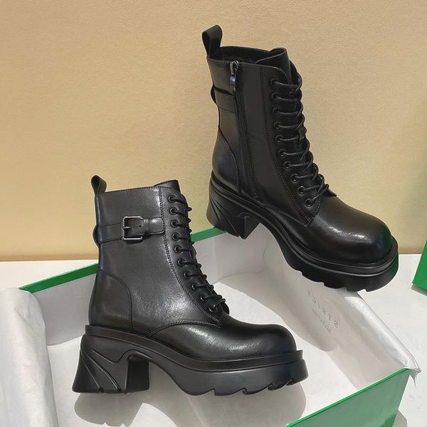 

boots women motorcycle wedges flat shoes woman platform genuine leather lace up black girls