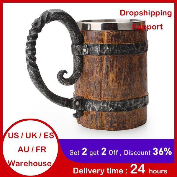 

mugs viking wood style beer mug simulation wooden barrel cup double wall drinking metal insulated 1pcs bar game