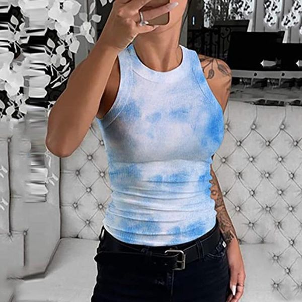 

women's blouses & shirts fashion tie-dye print blouse slim fit basic o-neck tee casual summer ladies female women sleeveless blusas, White