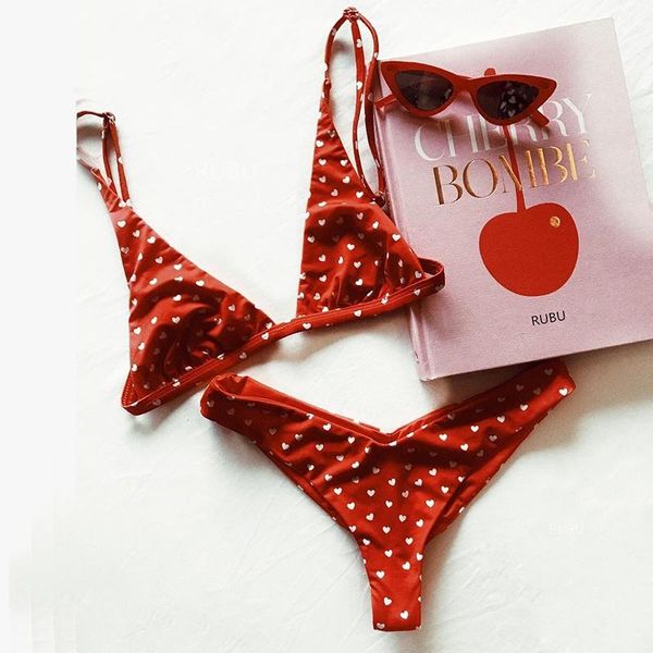 

red heart print bikini two piece set women push up swimwear thong panty summer brazilian beach bathing suit biquini