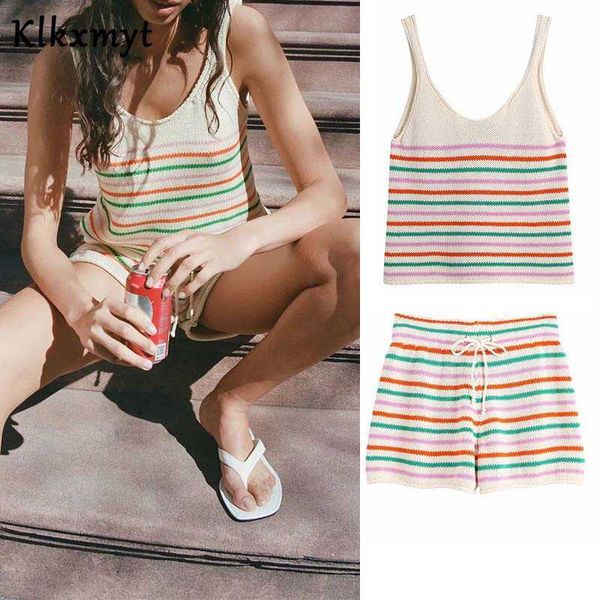 

klkxmyt za sets women 2 piece fashion multicolor stripe knitted vest +shorts drawstring streetwear outfit 210527, White